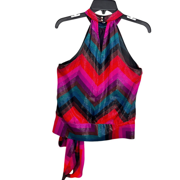 TRINA TURK Silk-Blend Champagne Shimmer Striped Tie-Front Halter Top NWT Small - Picture 7 of 16